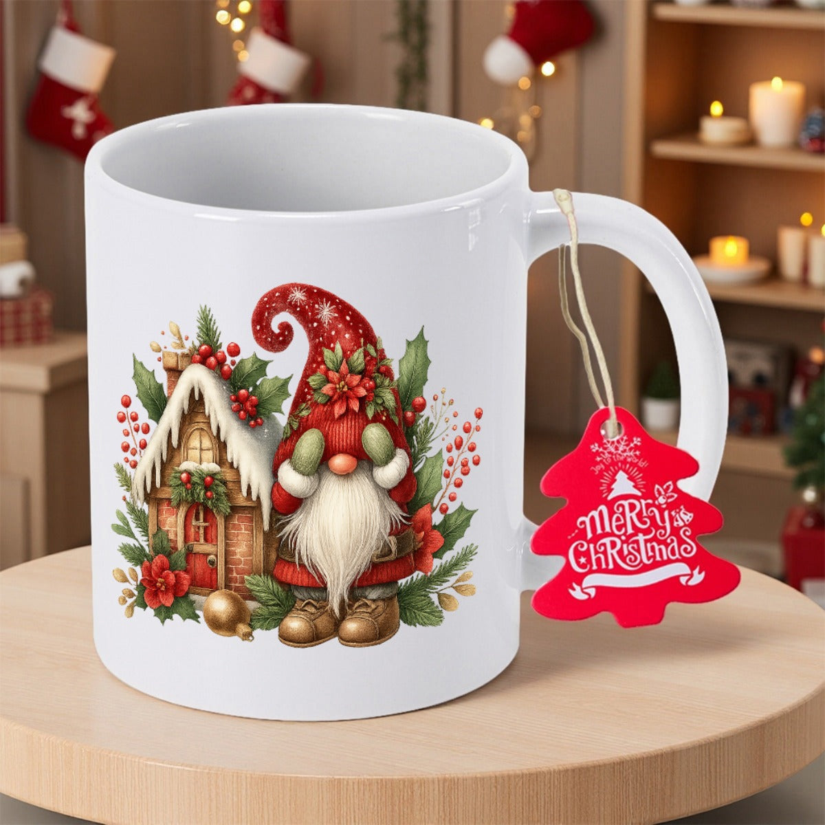 Tailorly White Ceramic 11 oz Mug - Merry Christmas Festive Holiday Standing Near Snow Covered Cottage With Holly Leaves Gnome
