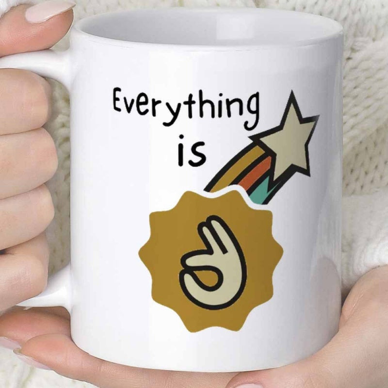 Tailorly White Ceramic 11 oz Mug - Everything Is Vibrant Shooting Star With Rainbow Tail Above Golden Seal Sign