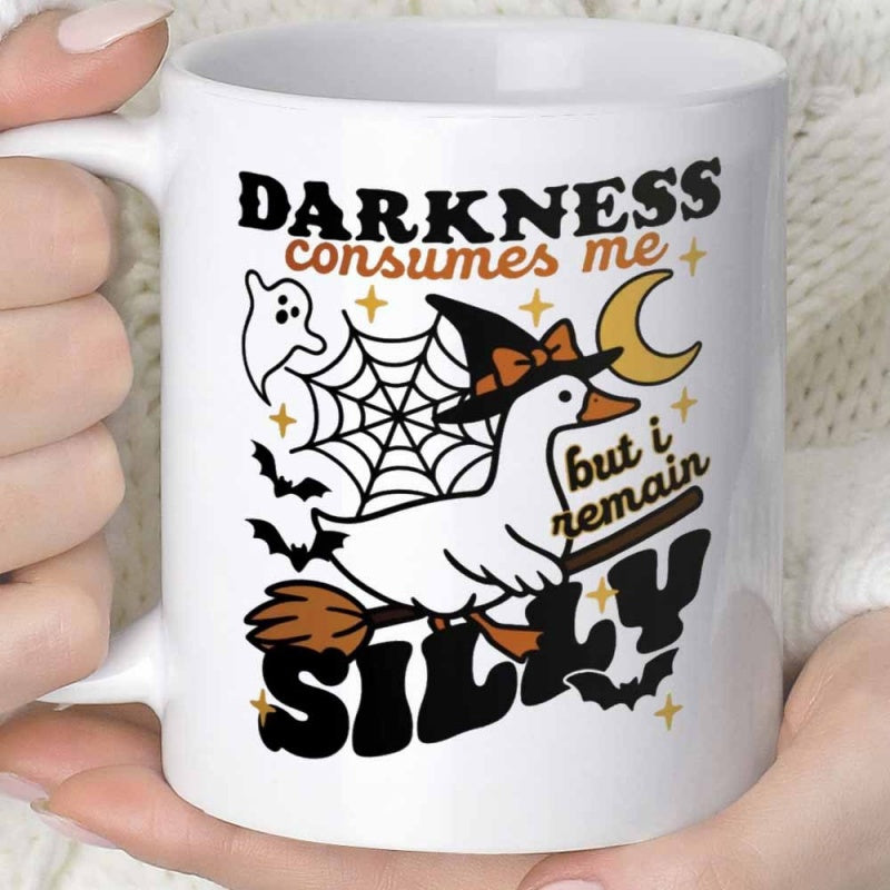 Tailorly White Ceramic 11 oz Mug - Darkness Consumes Me But I Remain Silly Whimsical White Bird Riding A Broomstick Wearing A Witch Hat Goose