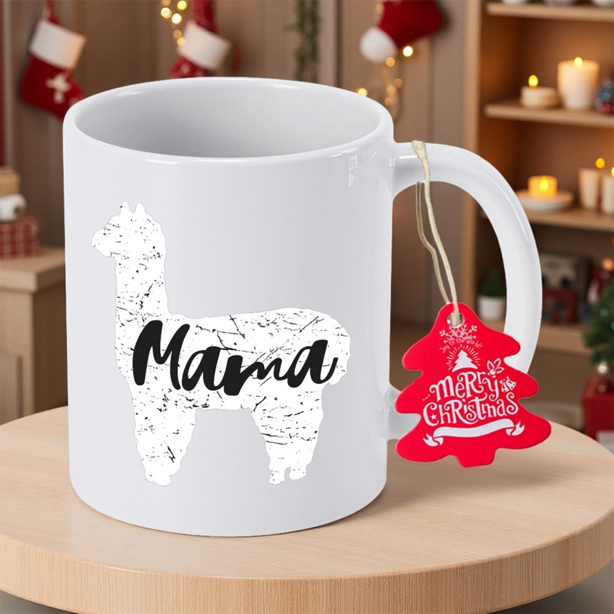 Tailorly White Ceramic 11 oz Mug - Mama Merry Christmas Distressed White Silhouette Within Cozy Festive Holiday Atmosphere Alpaca
