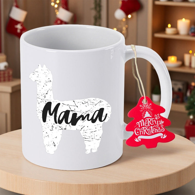 Tailorly White Ceramic 11 oz Mug - Mama Merry Christmas Distressed White Silhouette Within Cozy Festive Holiday Atmosphere Alpaca