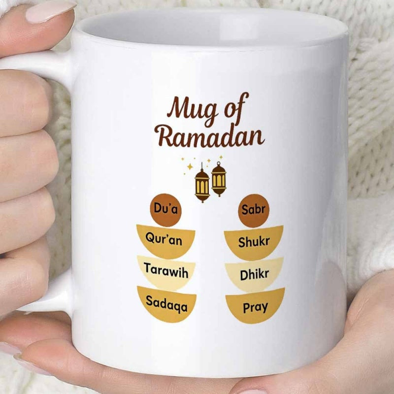 Tailorly White Ceramic 11 oz Mug - Mug Of Ramadan Minimalist Geometric Shapes With Traditional Hanging Lamps Featuring Warm Colors Lantern