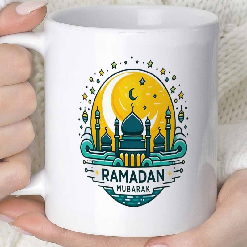 Tailorly White Ceramic 11 oz Mug - Ramadan Mubarak Stylized Teal Architecture Under Golden Crescent Moon And Stars Mosque