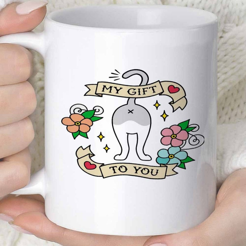 Tailorly White Ceramic 11 oz Mug - My Gift To You Cartoon Cat Backside Surrounded By Colorful Blooming Flowers And Decorative Ribbons Cat