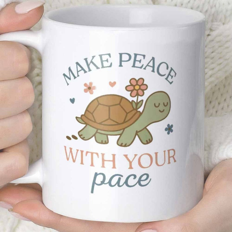 Tailorly White Ceramic 11 oz Mug - Make Peace With Your Pace Smiling Cartoon Turtle Carrying A Small Flower Among Tiny Floating Hearts Turtle