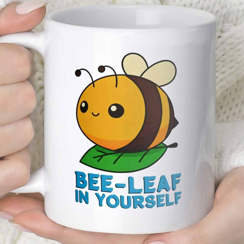Tailorly White Ceramic 11 oz Mug - Bee Leaf In Yourself Adorable Smiling Cartoon Bumblebee Sitting Upon A Vibrant Green Leaf Bee