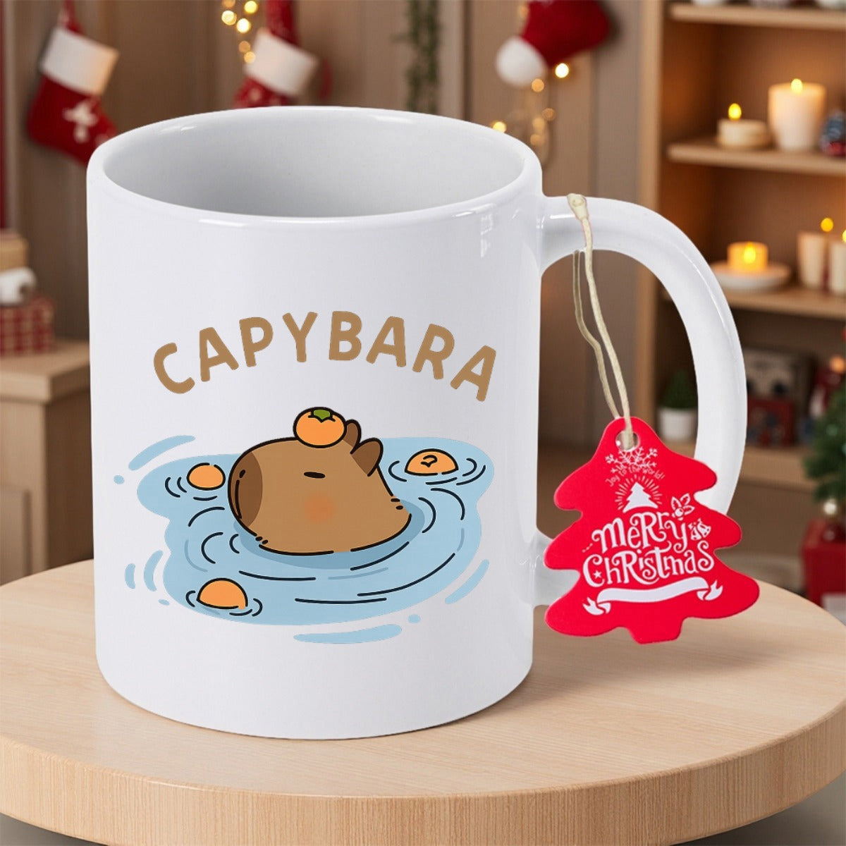 Tailorly White Ceramic 11 oz Mug - Capybara Merry Christmas Cute Animal Floating In Blue Water With Tiny Citrus Oranges Capybara