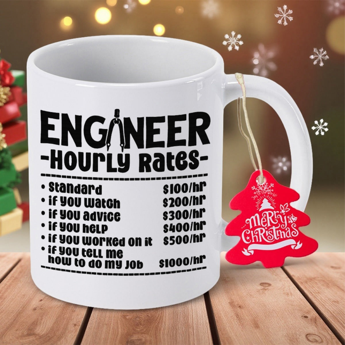 Tailorly White Ceramic 11 oz Mug - Engineer Hourly Rates Detailed Drafting Compass Tool With A Humorous List Of Work Fees Mug