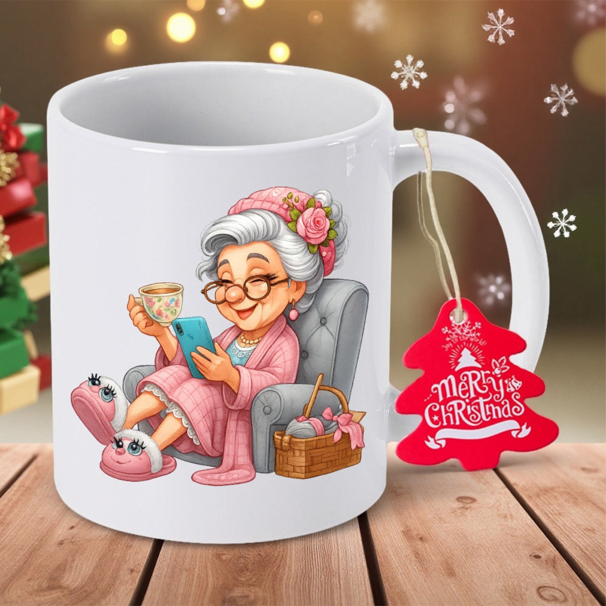 Tailorly White Ceramic 11 oz Mug - Merry Christmas Smiling Elderly Woman Wearing Pink Robe While Resting In Armchair Grandmother