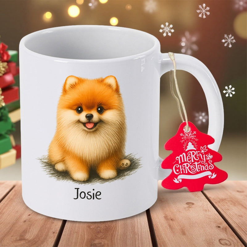Tailorly White Ceramic 11 oz Mug - Josie Merry Christmas Adorable Fluffy Golden Puppy Sitting On Surface With Festive Bokeh Lighting Dog