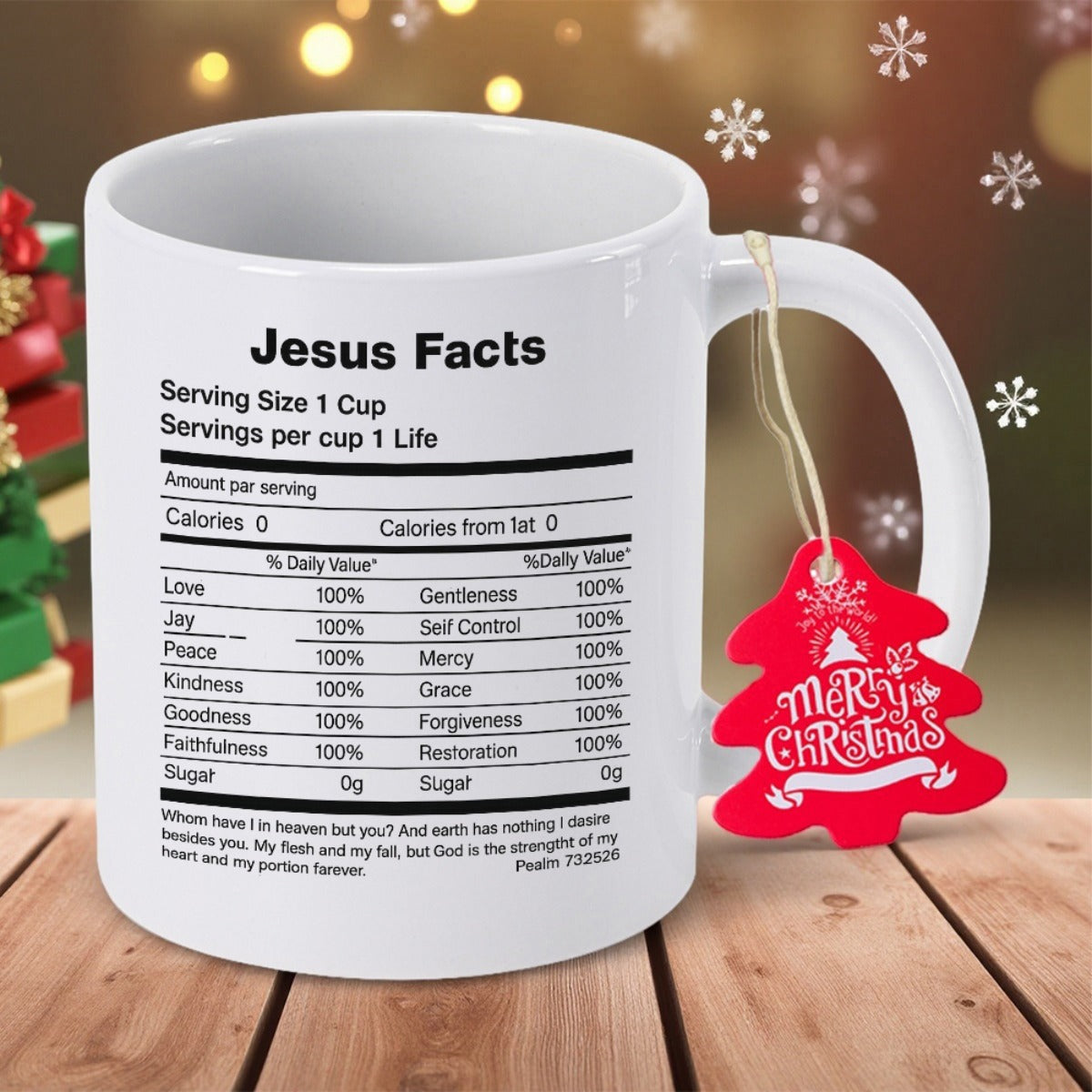 Tailorly White Ceramic 11 oz Mug - Jesus Facts Merry Christmas White Ceramic Cup Displaying Biblical Nutrition Label Values Within Festive Holiday Background Mug