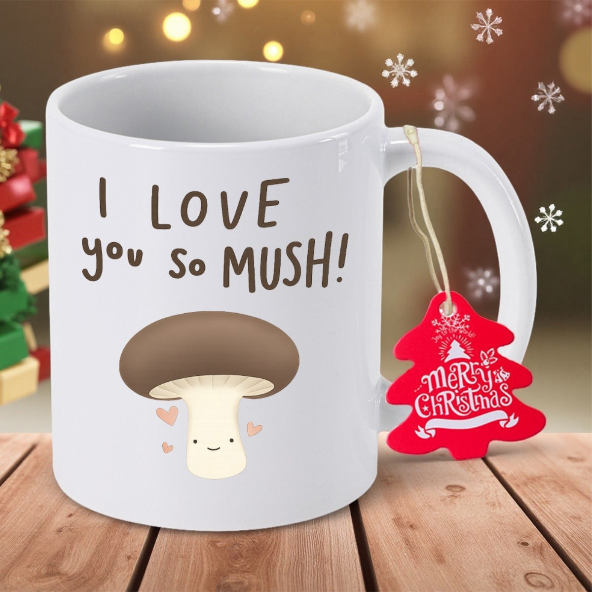 Tailorly White Ceramic 11 oz Mug - I Love You So Mush Cute Smiling Cartoon Character Surrounded By Four Small Pink Hearts Mushroom