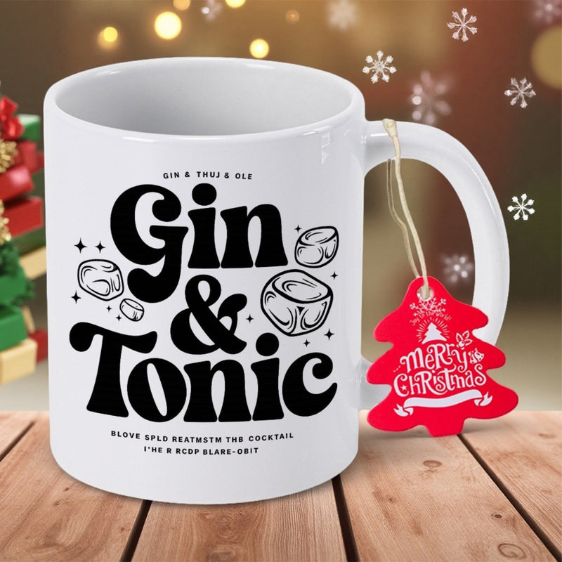 Tailorly White Ceramic 11 oz Mug - Gin And Tonic Merry Christmas Bold Retro Style Typography With Floating Sparkling Ice Cubes Mug