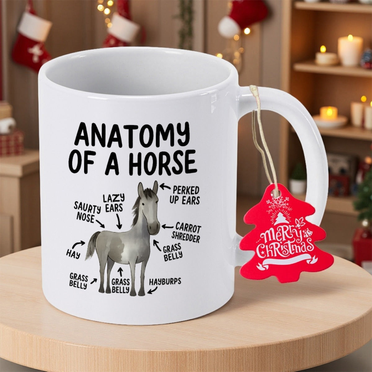 Tailorly White Ceramic 11 oz Mug - Anatomy Of A Horse Humorous Diagram With Arrows Pointing To Various Parts Of A Majestic Horse