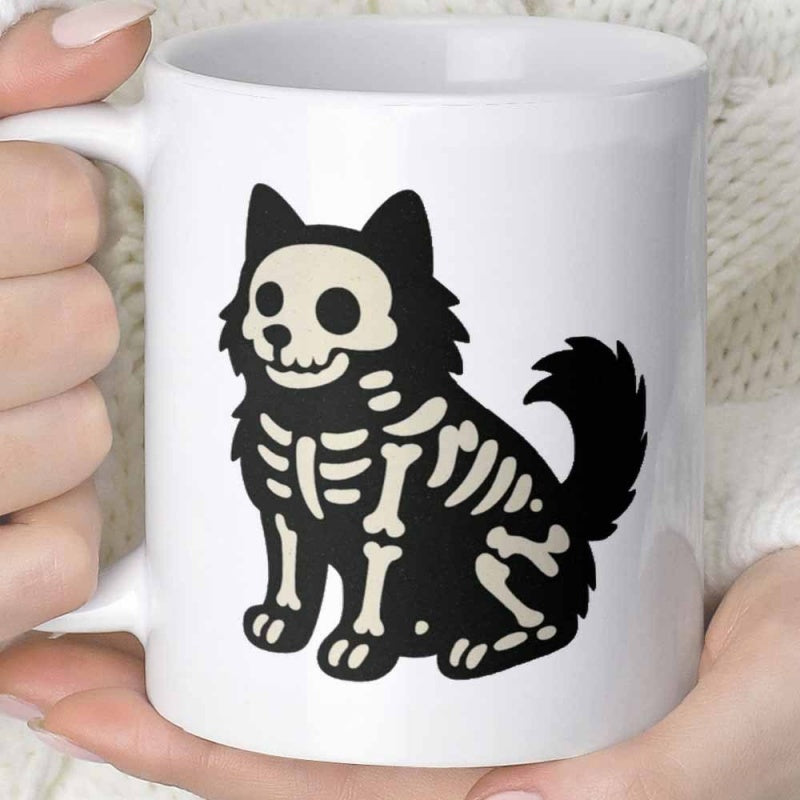 Tailorly White Ceramic 11 oz Mug - Adorable Spooky Dog Featuring Intricate White Bone Markings And Fluffy Tail Skeleton Dog