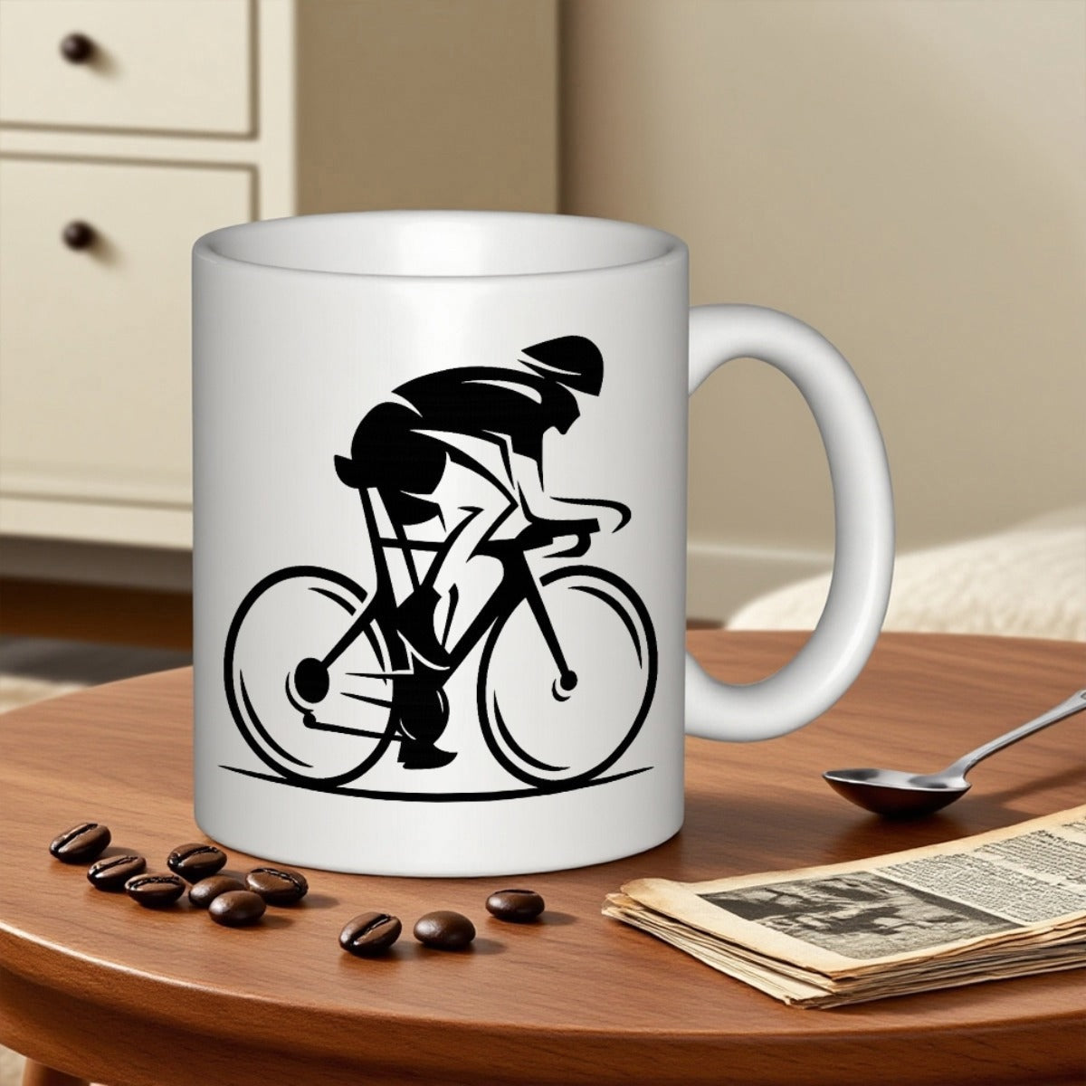 Tailorly White Ceramic 11 oz Mug - Fast Moving Professional Road Racing Silhouette Riding Among Wind Trails Cyclist