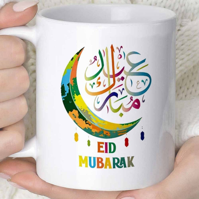 Tailorly White Ceramic 11 oz Mug - Eid Mubarak Vibrant Watercolor Style With Traditional Calligraphy And Festive Lanterns Moon
