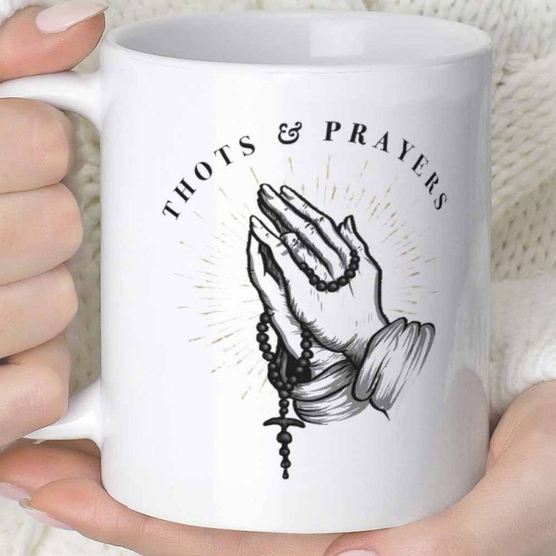 Tailorly White Ceramic 11 oz Mug - Thots Prayers Detailed Sketch Of Religious Beaded Rosary Held By Sacred Hands