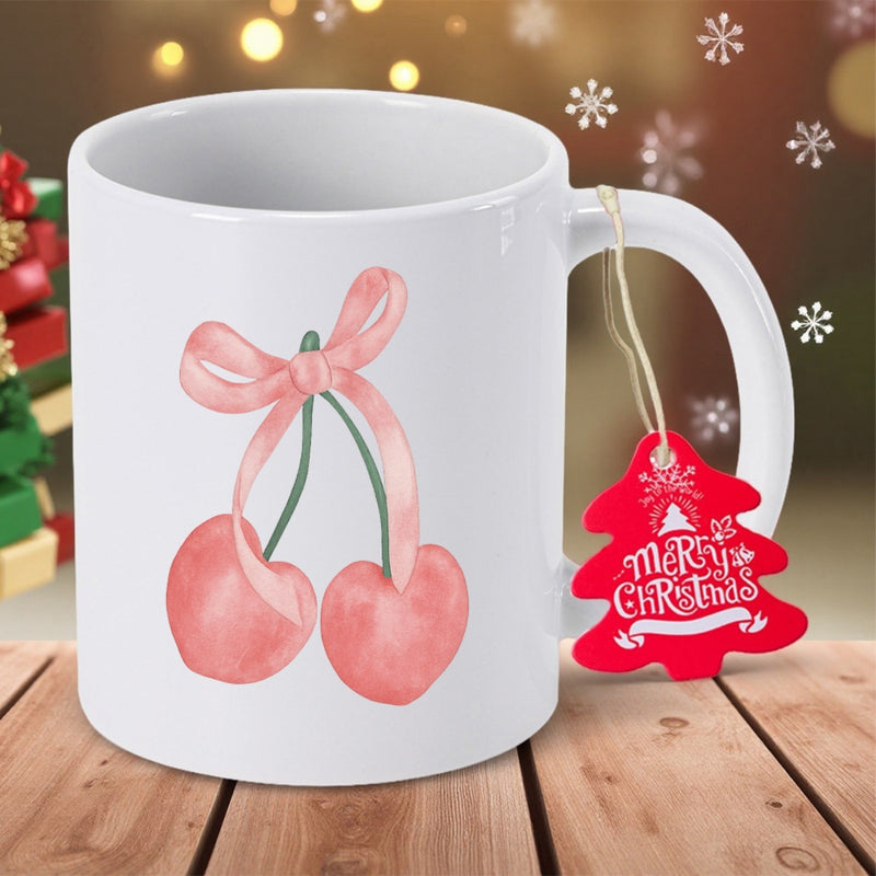 Tailorly White Ceramic 11 oz Mug - Merry Christmas Soft Pink Watercolor Hearts Tied Together With A Delicate Satin Ribbon Cherries