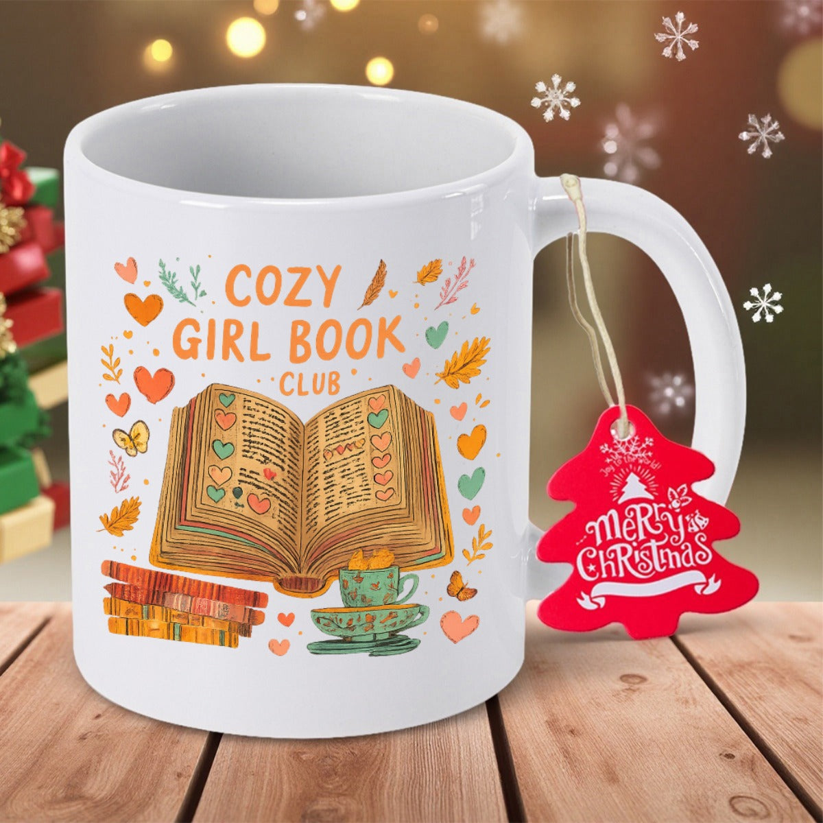Tailorly White Ceramic 11 oz Mug - Cozy Girl Book Club Open Pages Surrounded By Warm Hearts And Delicate Autumn Leaves Book