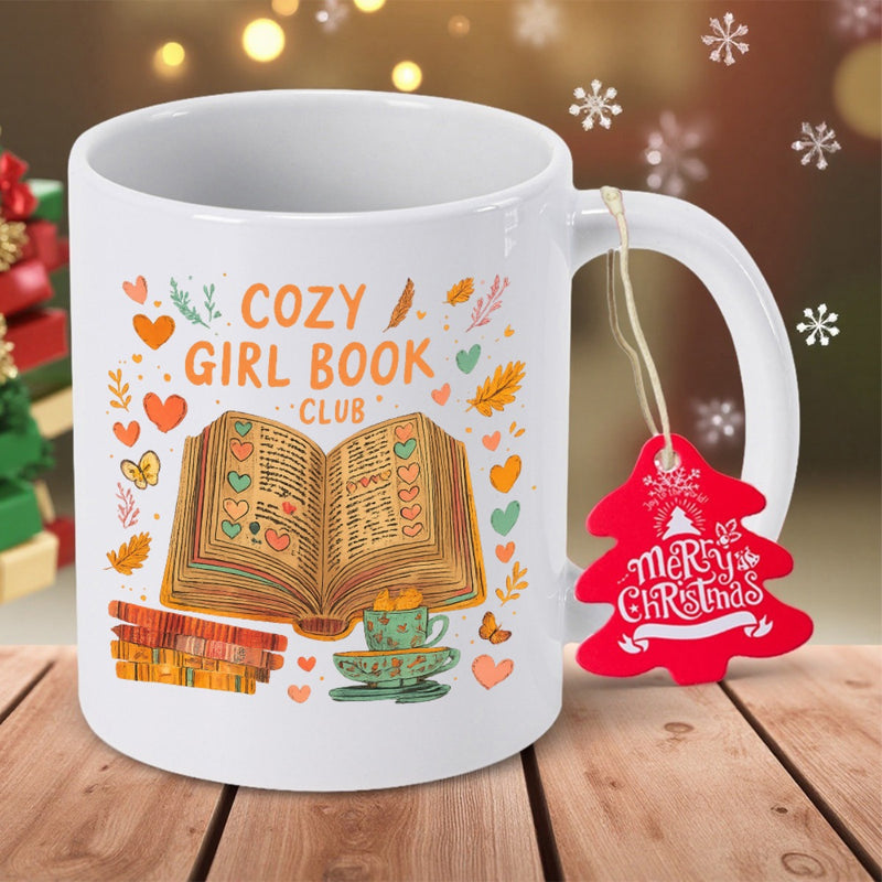Tailorly White Ceramic 11 oz Mug - Cozy Girl Book Club Open Pages Surrounded By Warm Hearts And Delicate Autumn Leaves Book