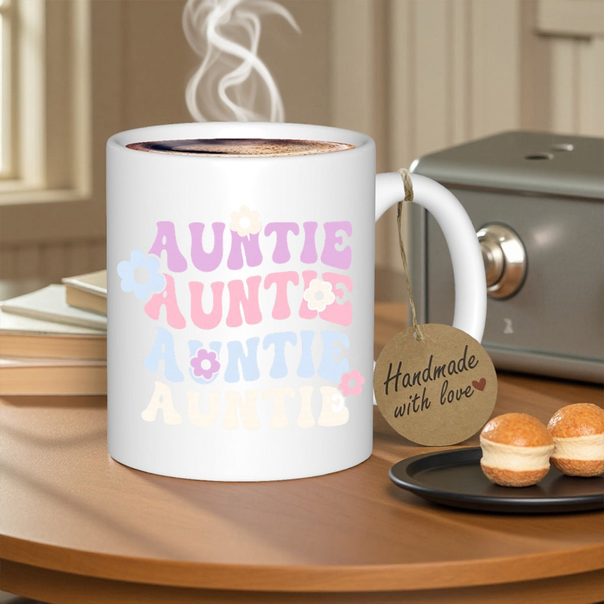 Tailorly White Ceramic 11 oz Mug - Auntie Retro Groovy Wavy Text With Pastel Colors And Small Petal Mug