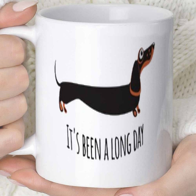 Tailorly White Ceramic 11 oz Mug - Its Been A Long Day Whimsical Long Body Cartoon Dog With Expressive Eyes Looking Upwards Dachshund