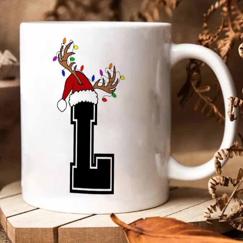 Tailorly White Ceramic 11 oz Mug - L Festive Christmas Reindeer Antlers Wearing Santa Hat Decorated With Lights Letter L