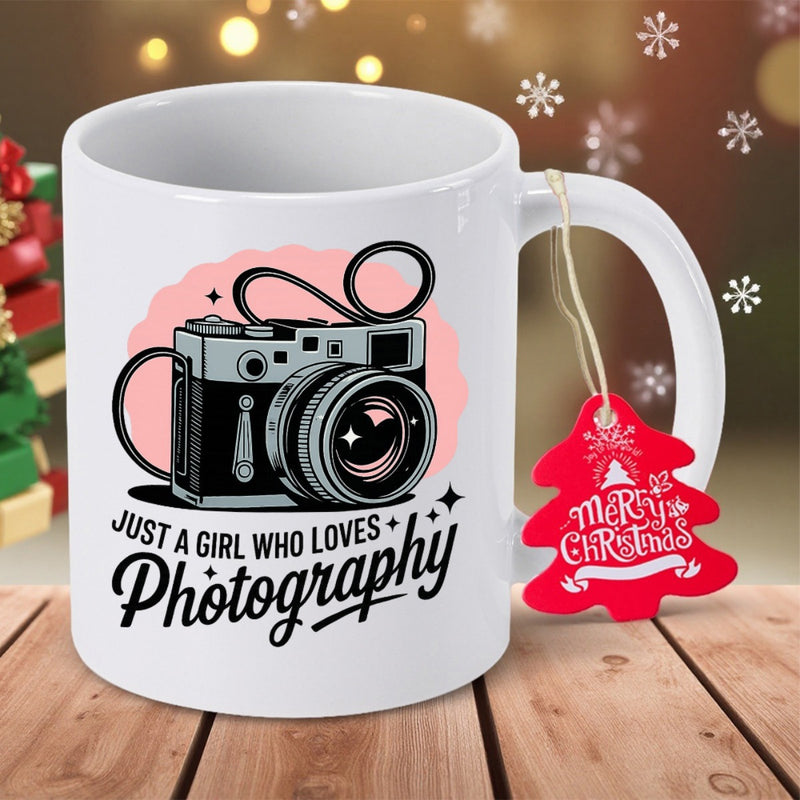 Tailorly White Ceramic 11 oz Mug - Just A Girl Who Loves Photography Classic Vintage Style Film Camera With Soft Pink Watercolor Background Sparkles Camera