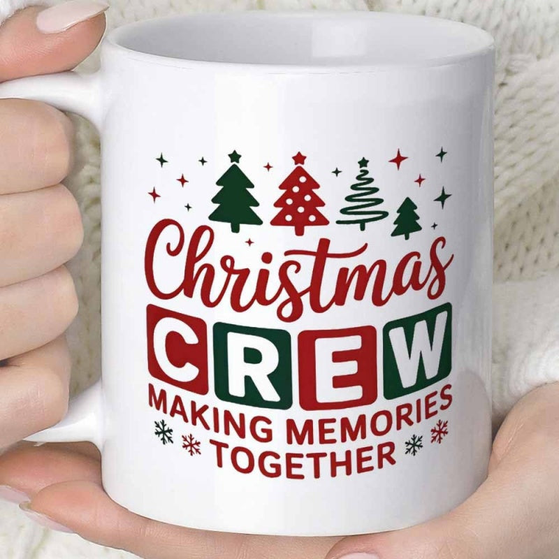 Tailorly White Ceramic 11 oz Mug - Christmas Crew Making Memories Together Festive Evergreen Silhouettes Under Sparkling Winter Stars And Snowflakes Tree