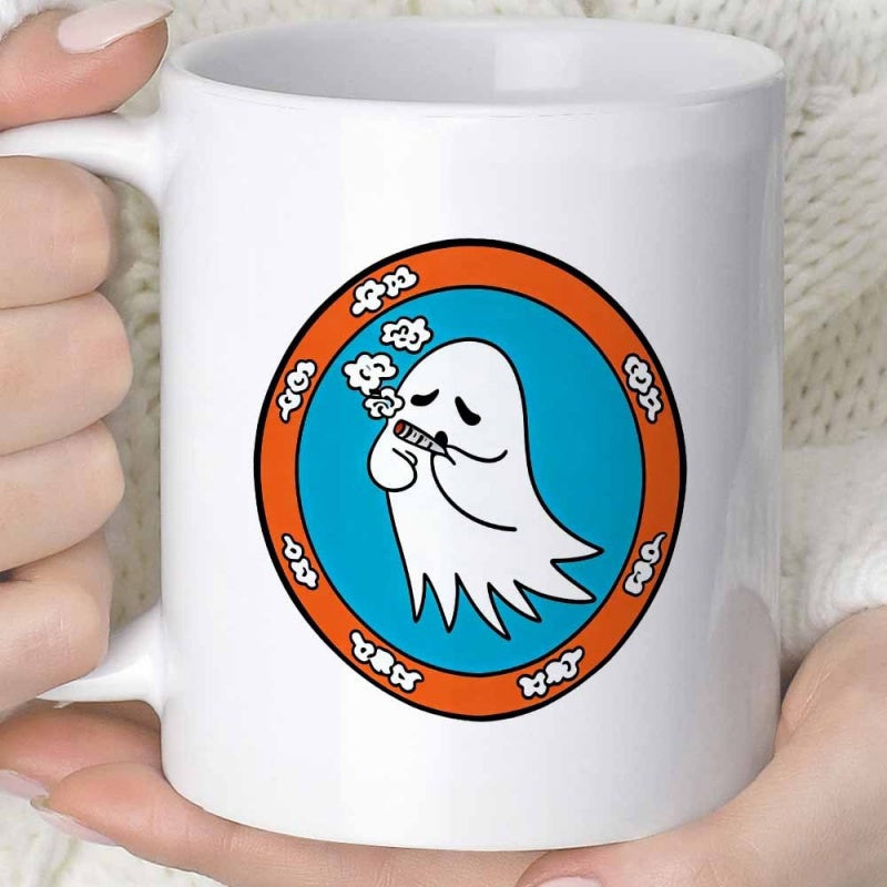 Tailorly White Ceramic 11 oz Mug - Cartoon Smoking Spirit Inside A Colorful Circular Frame Ghost