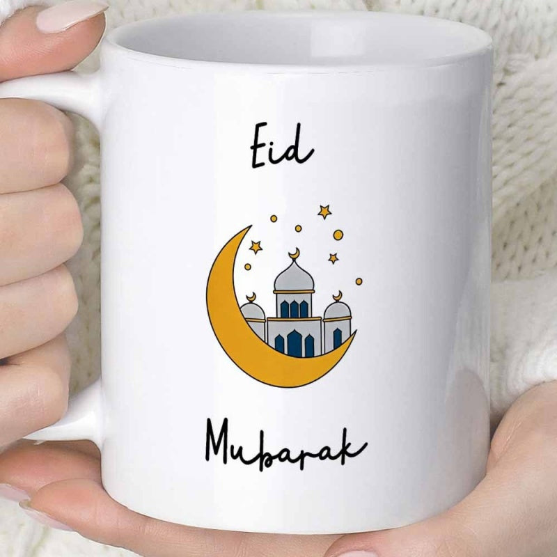 Tailorly White Ceramic 11 oz Mug - Eid Mubarak Golden Crescent Moon With Elegant Mosque Among Small Twinkling Stars Mug
