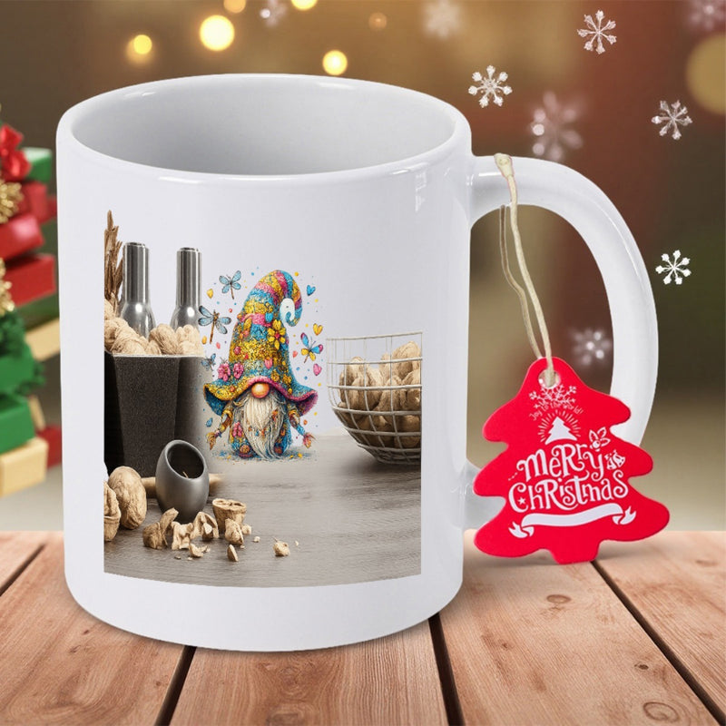 Tailorly White Ceramic 11 oz Mug - Merry Christmas Colorful Whimsical Patterned Hat Among Rustic Decorative Natural Elements Gnome
