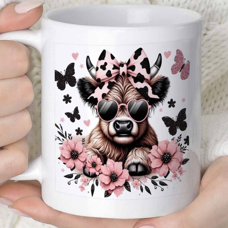 Tailorly White Ceramic 11 oz Mug - Adorable Highland Cow With Pink Patterned Bow And Stylish Heart Sunglasses Cow