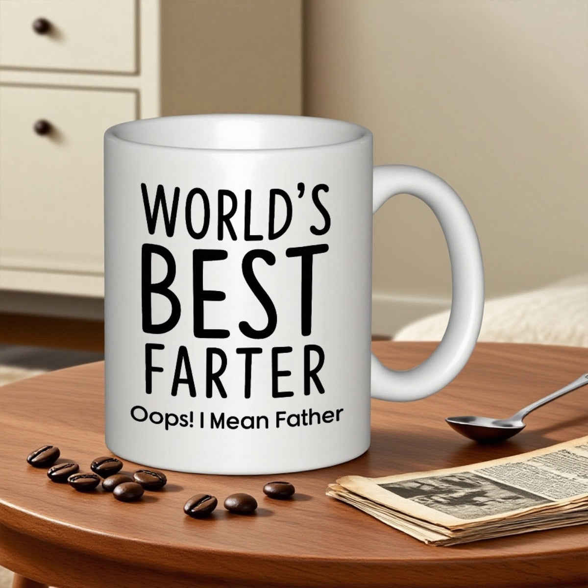 Tailorly White Ceramic 11 oz Mug - Worlds Best Farter Oops I Mean Father Clean White Surface Featuring Bold Black Minimalist Humorous Hand Lettered Text Mug