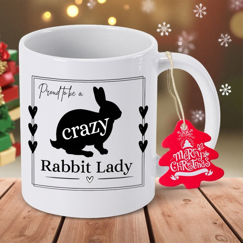 Tailorly White Ceramic 11 oz Mug - Proud To Be A Crazy Rabbit Lady Black Silhouette Of A Playful Rabbit Sitting Inside A Minimalist Decorative Square Frame Rabbit