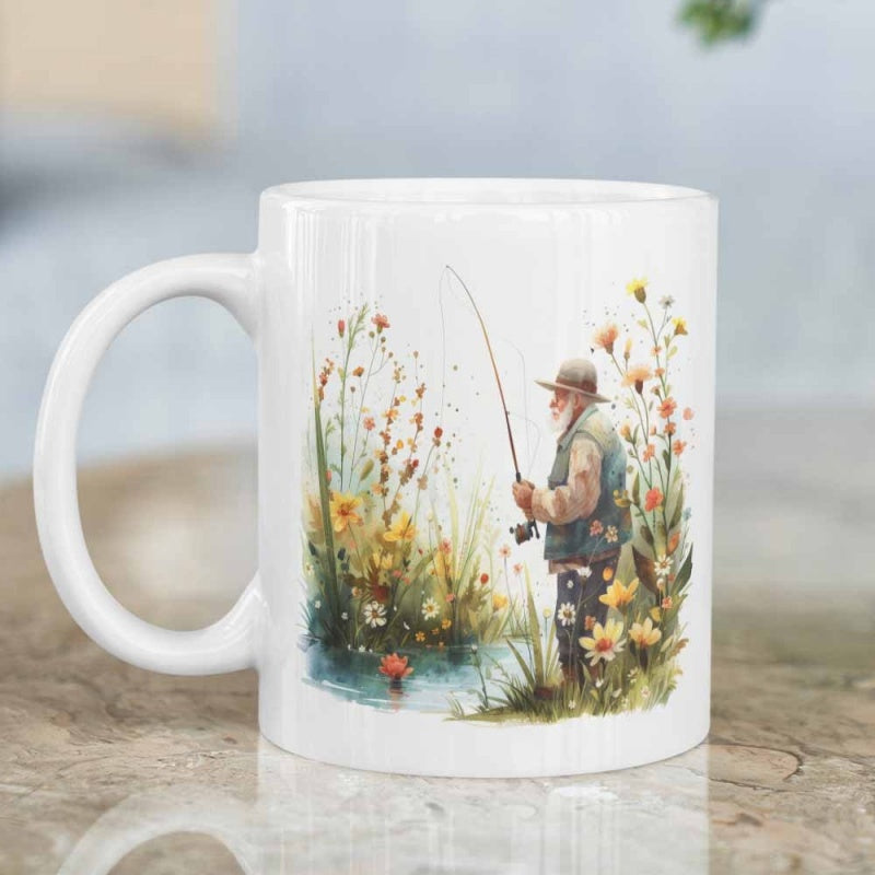 Tailorly White Ceramic 11 oz Mug - Peaceful Watercolor Scene Of An Elderly Man Fishing Among Wildflowers Fisherman