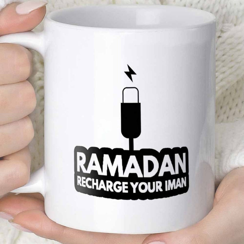 Tailorly White Ceramic 11 oz Mug - Ramadan Recharge Your Iman Minimalist Bold Black Charging Cable Icon And Lightning Bolt Symbol Above Modern Mug
