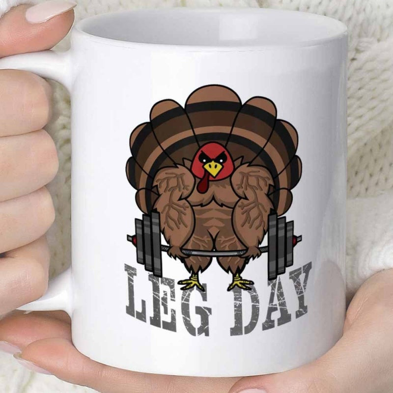 Tailorly White Ceramic 11 oz Mug - Leg Day Muscular Angry Bird Lifting Heavy Iron Barbell Among Spread Tail Feathers Turkey