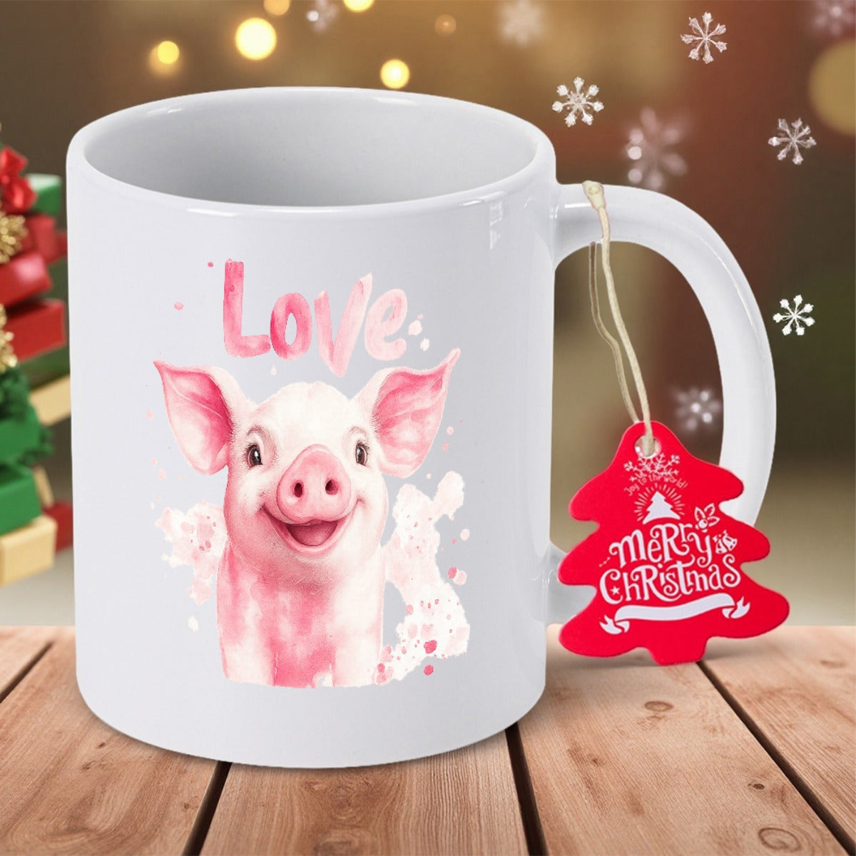 Tailorly White Ceramic 11 oz Mug - Love Adorable Pink Piglet Smiling Among Soft Watercolor Splashes Pig