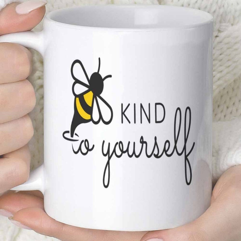 Tailorly White Ceramic 11 oz Mug - Kind To Yourself Small Yellow And Black Bumble Bee Flying Near Elegant Script Font Bee