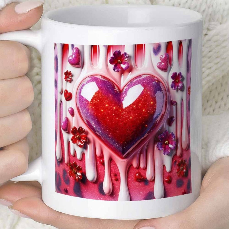 Tailorly White Ceramic 11 oz Mug - Vibrant Melting Cream With Purple Blossoms Surrounding A Glossy Romantic Heart