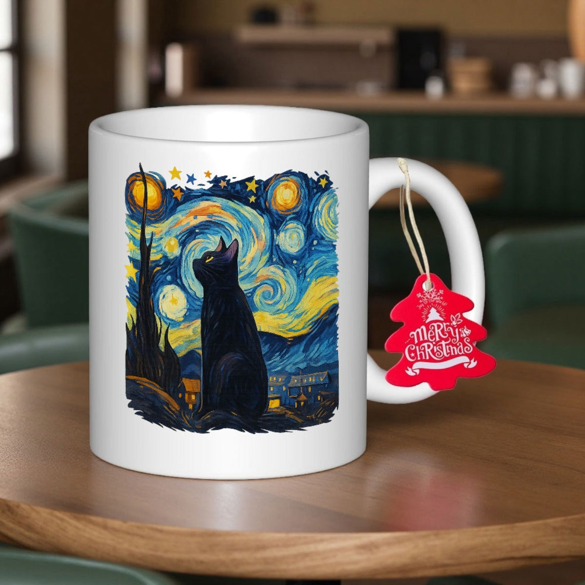 Tailorly White Ceramic 11 oz Mug - Merry Christmas Swirling Blue Starry Night Sky With Golden Moon Black Feline Cat