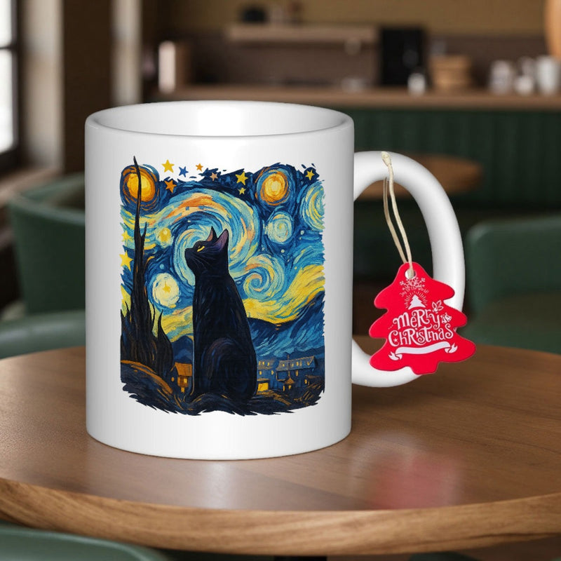 Tailorly White Ceramic 11 oz Mug - Merry Christmas Swirling Blue Starry Night Sky With Golden Moon Black Feline Cat