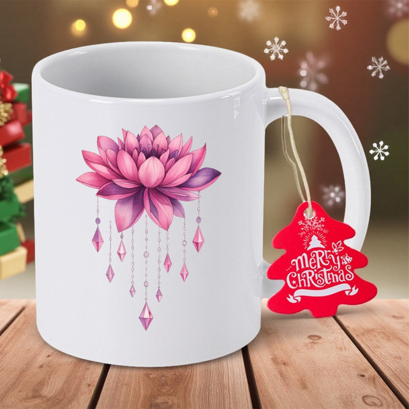 Tailorly White Ceramic 11 oz Mug - Merry Christmas Graceful Pink Petals With Shimmering Crystal Beads Hanging Below Elegantly Lotus