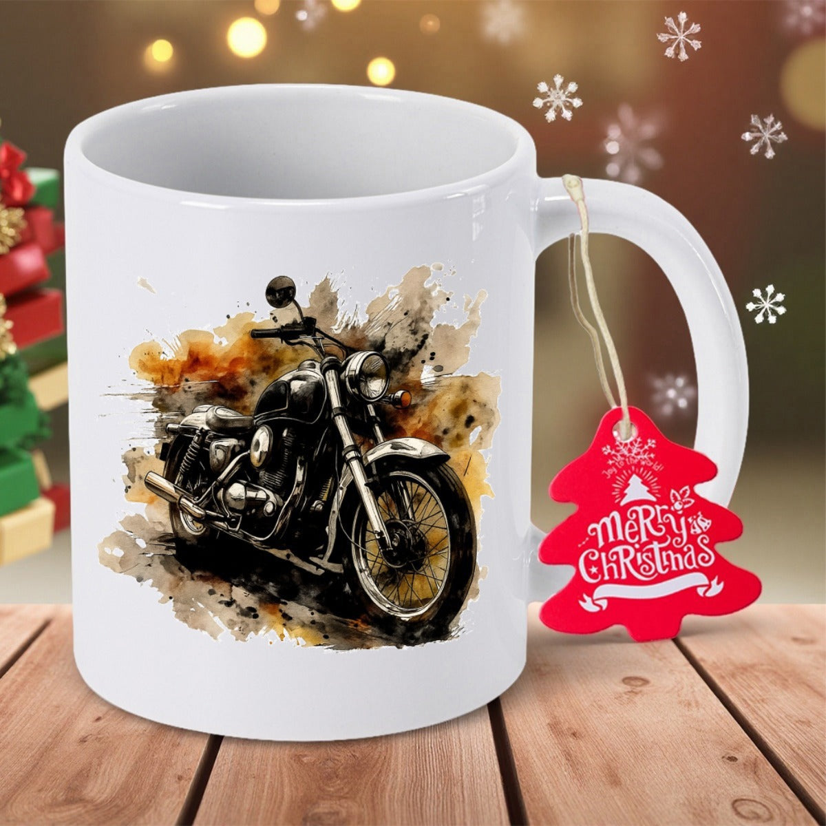 Tailorly White Ceramic 11 oz Mug - Merry Christmas Artistic Watercolor Style Cruiser With Chrome Details Among Splattered Colors Motorcycle