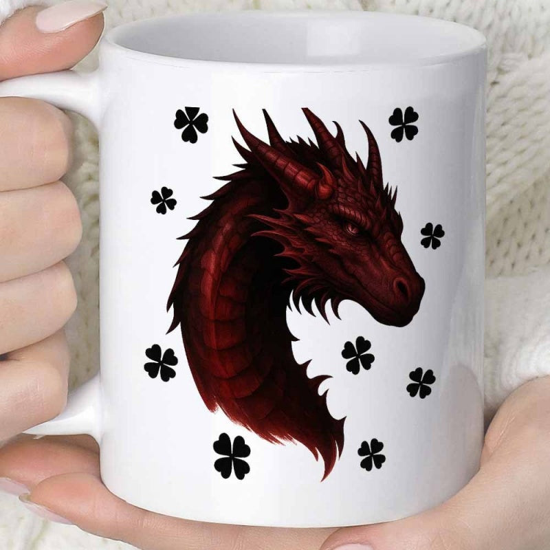 Tailorly White Ceramic 11 oz Mug - Majestic Red Mythical Creature Surrounded By Lucky Black Four Leaf Clovers Dragon