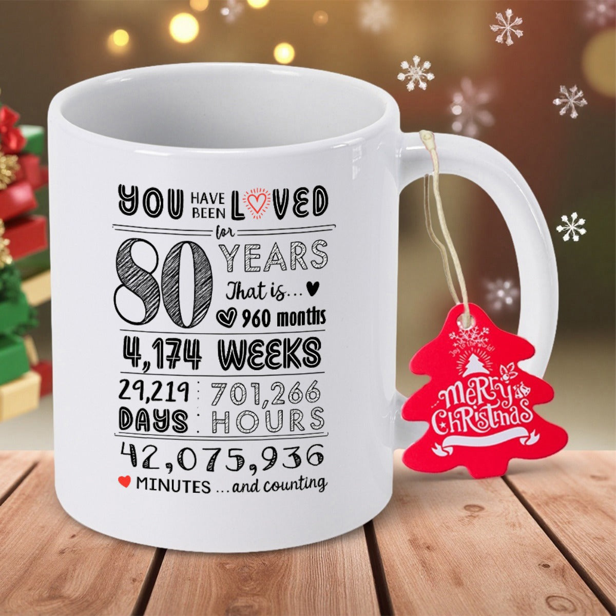 Tailorly White Ceramic 11 oz Mug - You Have Been Loved For 80 Years Decorative Typographic Layout With Small Hearts And Symbolic Horizontal Lines Mug