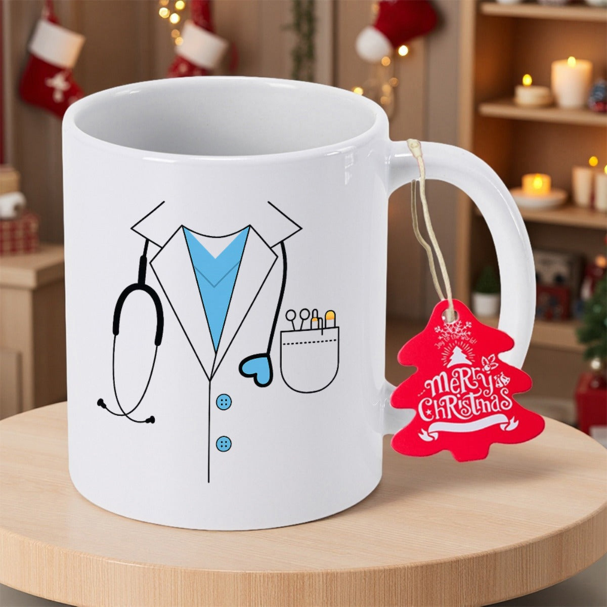 Tailorly White Ceramic 11 oz Mug - Merry Christmas Professional Medical Lab Coat With Stethoscope And Blue Scrub Uniform Mug