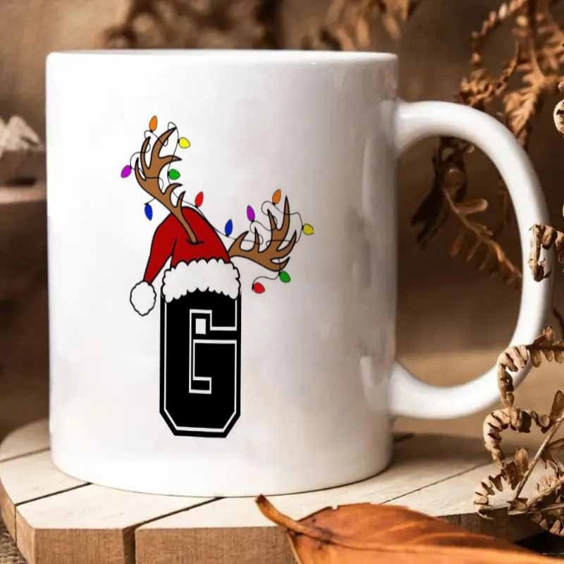 Tailorly White Ceramic 11 oz Mug - G Festive Reindeer Antlers With Colorful Christmas Lights And Santa Hat Letter